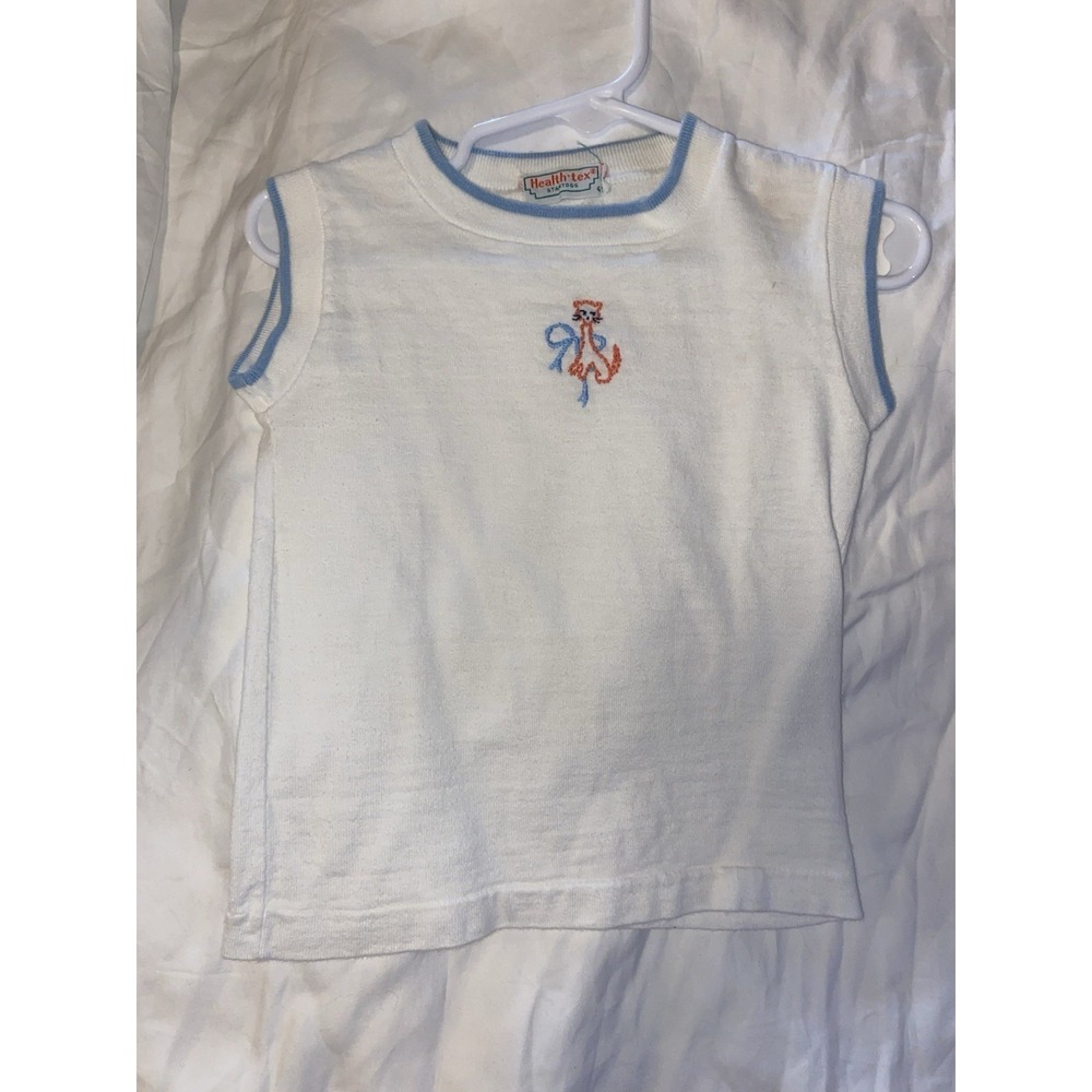 Vintage Healthtex Embroidered Cat 4T Sleeveless White Shirt 80s 90s Children VTG